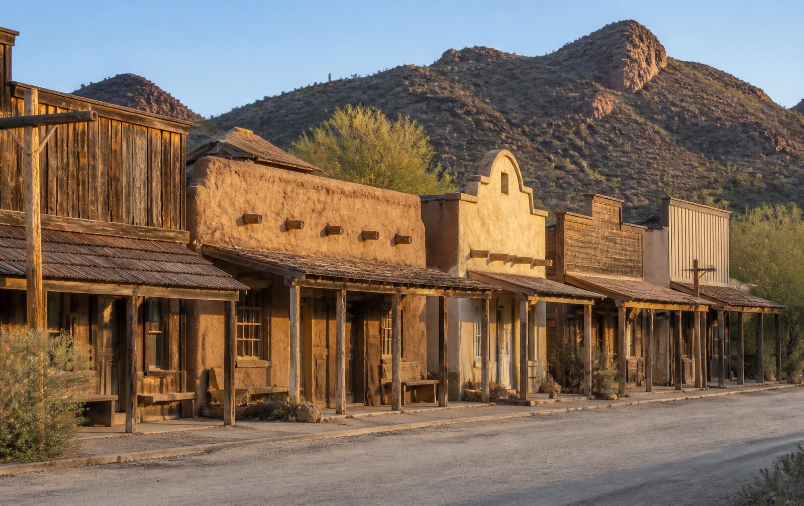 Historic storefronts along a street in Cave Creek, Arizona with desert mountains behind